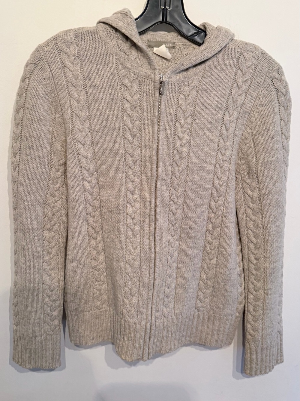 J Crew Womens Sweater Petite Small Gray Full Zip Lambs Wool Knitted Hooded